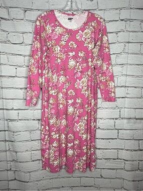 Lands End Long Sleeve Nightgown Size M Pink Floral Cotton PJs Lounge